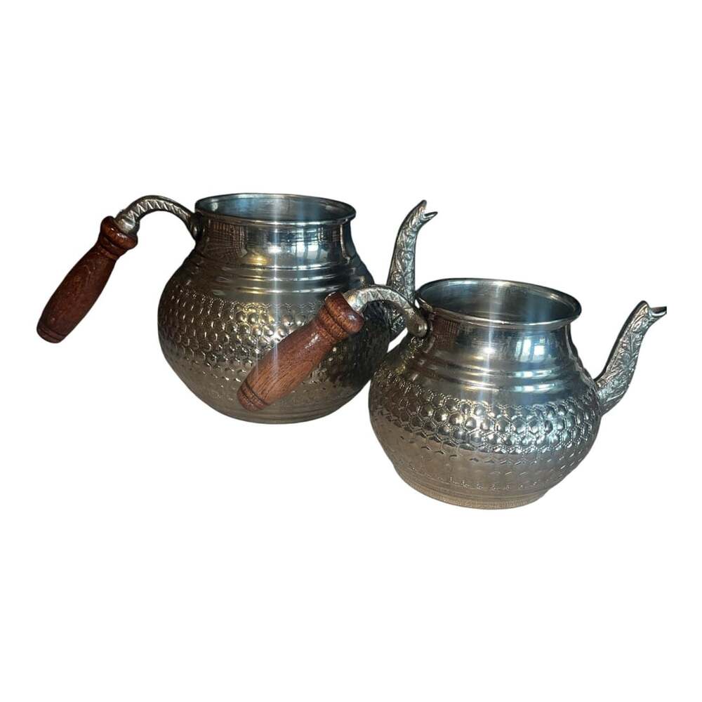 Vintage Turkish Handmade Hammered Copper Teapot with Wooden Handle Set